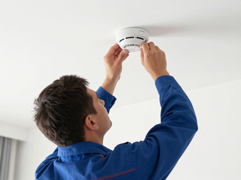 Testing a ceiling smoke alarm during a 6-monthly maintenance check